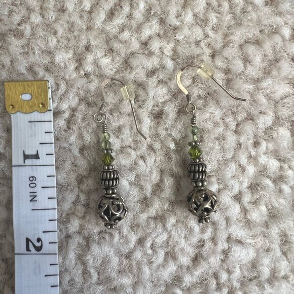Boho Filigree Silver Bead Dangle Earrings Green Crystal Accent Artisan 2” - Picture 3 of 3